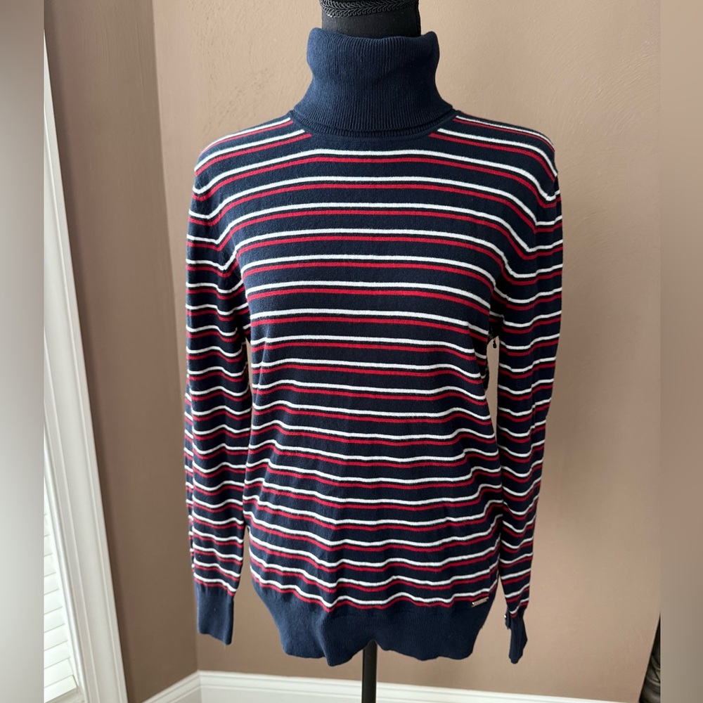 Tommy Hilfiger Women's Navy Red Striped Turtleneck Sweater